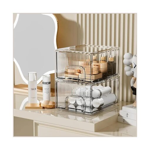 ZHIAI 2 Piece Set Stripes Stackable Makeup Organizer Drawers, Plastic Bathroom Organizer, Cosmetic Storage Box for Vanity, Undersink, Skincare, Kitchen Cabinets, Pantry Organization