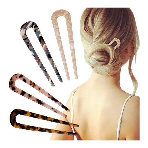 FRDTLUTHW 4.3Inch U Shaped Hair Fork Acetate Tortoiseshell French Hair Pin Colored 2 Prong Bun Hair Sticks for Women Girls ( pack of 4 )