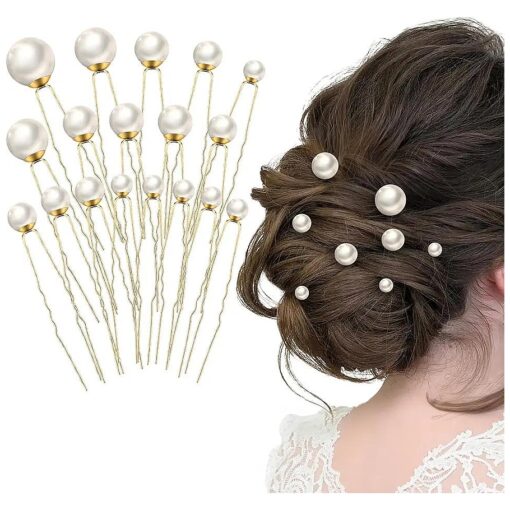 18 Pieces Wedding Pearl Hair Pins Bridal Hair Pins Pearl Hair Accessories, Pearl Bobby Pins for Hair Pearl Rhinestone Hair Pins for Styling U Pearl Shaped Hair Pins for Brides Bridesmaids Women ( Gold )