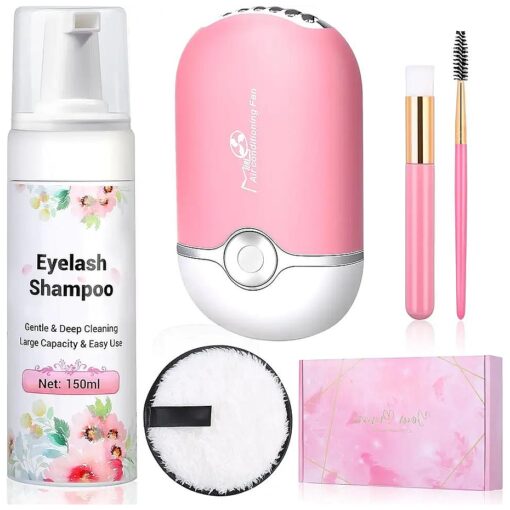 150ml/ 5.07 fl, oz Eyelash Extension Cleanser with Eyelash Fan Dryer, Lash Shampoo for Extension with Makeup Remover Pad Cleaning Brush, Paraben Sulfate Free Eyelash Shampoo for Salon Home Use