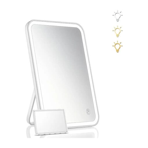 Lighted Vanity Makeup Mirror with Lights 3 Color Lighting Modes Rechargeable Touch Screen Adjustable Tabletop Wall Hanging Led Light Up Mirror with Mini 5X Hand Mirror