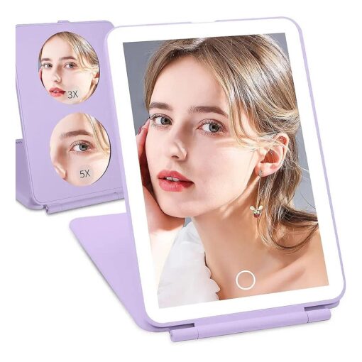 TOUCHFEEL Travel Makeup Mirror with Light, Rechargeable 1X/3X/7X Magnifying Lighted Vanity Mirror with 72 LED, Portable LED Makeup Mirror with 3 Color Lights and Touch Sensor Design ( Purple )