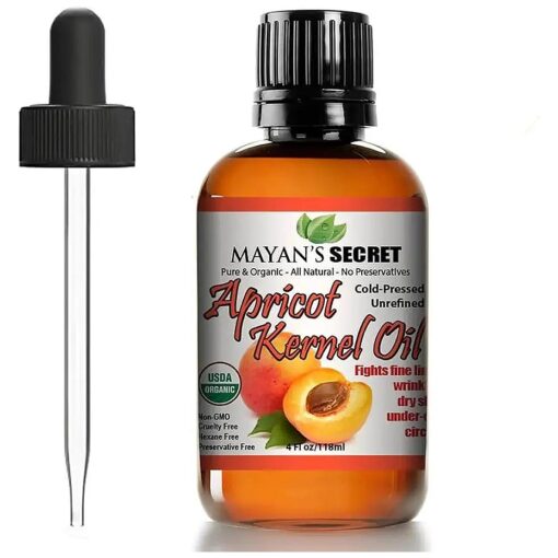 USDA Certified Organic Apricot Kernel Oil - Cold Pressed, Unrefined, Presented in Amber Glass Bottle with Glass Eyedropper for Convenient Application - 4 oz | Moisturizing