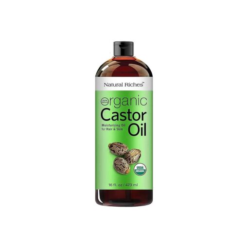 Natural Riches Organic Castor Oil Cold pressed USDA certified for Dry Skin Hair Loss Dandruff Thicker Hair - Moisturizes Skin Helps Hair growth Thicker Eyelashes Eyebrows Hexane free16 fl, oz .