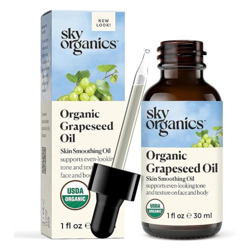 Sky Organics Organic Grapeseed Oil, Skin Smoothing Oil To Support Healthy and Even-Looking Skin Tone and Texture on Face and Body, Suitable for All Skin Types, 100 % Pure & Cold-Pressed, 1 fl, Oz