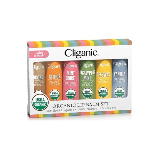 Cliganic USDA Organic Lip Balm Set - 6 Flavors - 100 % Natural Moisturizer for Cracked & Dry Lips