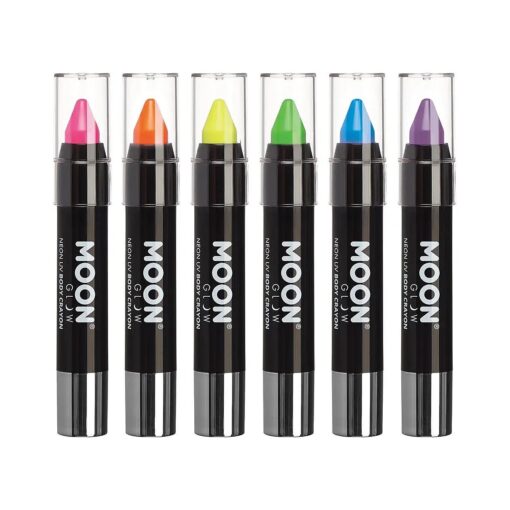 Moon Glow - Blacklight Neon Face Paint Stick / Body Crayon makeup for the Face & Body - Pastel set of 6 colours - Glows brightly under blacklights