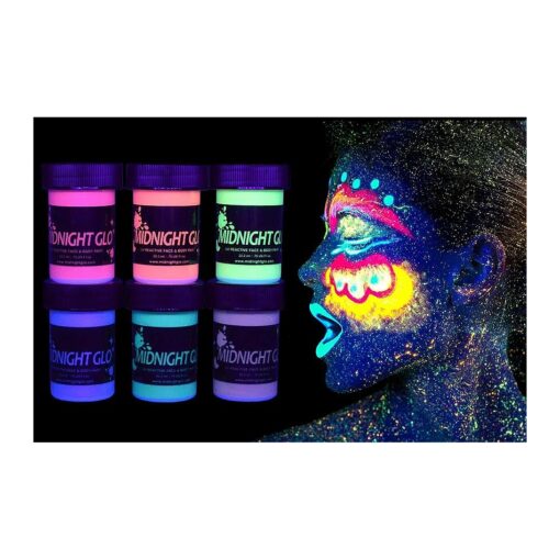 UV Neon Face & Body Paint Metallic Paint ( 6 Bottles 0.75 oz, Each ) - Shimmer Makeup Blacklight Reactive Fluorescent Paint - Safe, Washable, Non-Toxic, By Midnight Glo