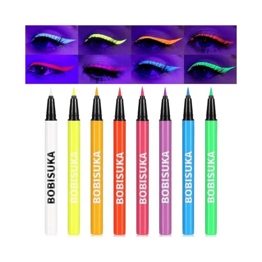 BOBISUKA 8 Colors UV Neon Liquid Eyeliner Set, Matte Colored Eyeliners Pen, Colorful Waterproof Smudge-proof Pigmented Graphic Liners, Delineadores de Colores Para Ojos Eye Makeup Gift Kit