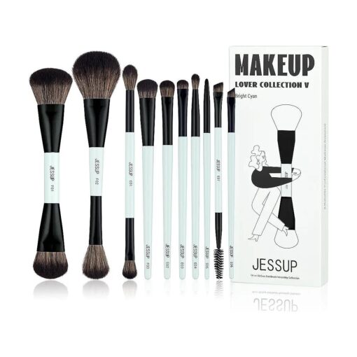 Jessup Makeup Brushes Set 10pcs, Double Sided Foundation Contour Blush Highlight Blending Eyebrow Brush Eyeshadow Eyeliner Concealer Brush, Bright Cyan Cruelty Free Cosmetic Tools T500