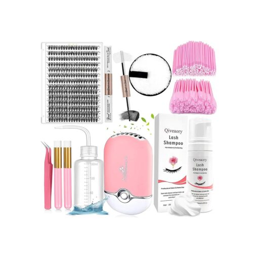 Lash Extension Kit DIY Individual Lash Clusters ( 280Pcs 40D Mix 12-18mm ) with Lash Bond and Seal USB Portable Lash Fan 150ml/5.07fl.oz Lash Shampoo Tweezers Applicator Mascara Brush