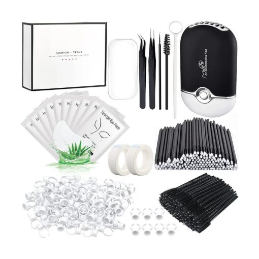 267 PCS Eyelash Extension Supplies Lash Extension Kit USB Air Conditioning Blower, Silicone Pad, Under Eye Gel Pads, Mini Makeup Mirror, Tapes, Tweezers, Glue Rings, Eyelash Brushes, Micro Brush Applicators