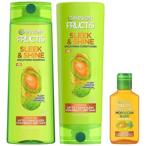 Garnier Fructis Sleek & Shine Shampoo, Conditioner + Moroccan Sleek Oil Set for Frizzy, Dry Hair, Argan Oil ( 3 Items ), 1 Kit ( Packaging May Vary )