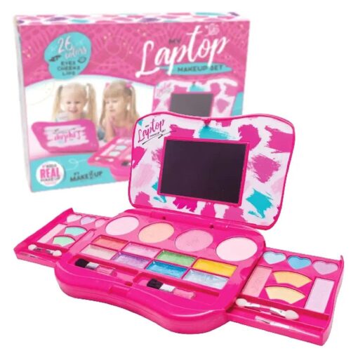 My First Makeup Set for Young Girls I Kids Makeup Kit for Little Girls I Foldable Makeup Palette with Makeup Mirror I Pink Set Makeup for Kids Vanity I Washable Laptop Design Toddler Makeup Kit Gift