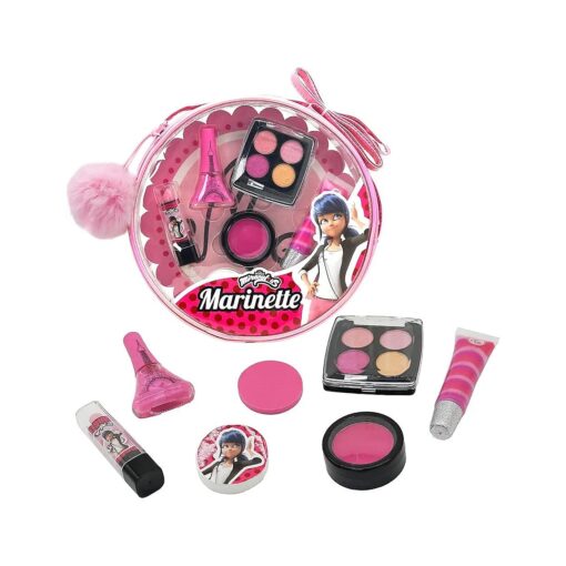 Miraculous Ladybug, 10-in-1 Marinette Kids Makeup Set with Nail Polish, Lipstick, Pressed Powder Palette, Lip Gloss, Hair Chalk, Make-up Sponge, Compressed Towel, Sticker and Pom-pom ( Wyncor )