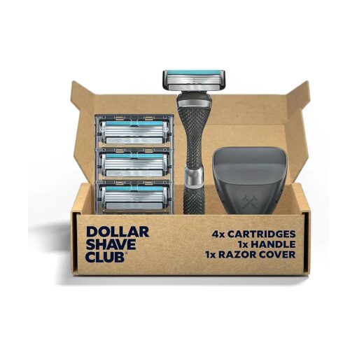 Dollar Shave Club - Shaving Kit with Diamond Grip Razor Handle, 4-Blade Blade Refills, & Blade Cover, Easy to Grip Handle, for Travel, Blue