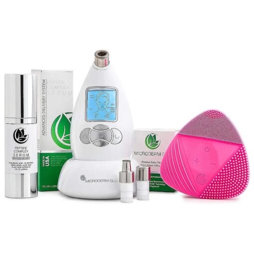 Microderm GLO Complete Skincare Package Includes Diamond Microdermabrasion System, Premium, Fine, Massage Tips, 10mm Filters 100 pack, Peptide Complex Serum & Sonic Facial Cleansing Brush ( White )