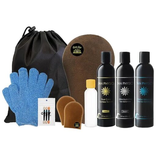 ( 13pc Deluxe Bundle ) Tan Physics True Color Sunless Tanner, Pre-Tan Exfoliator, & Tan Extender- plus ALL tanning essentials - Travel Bag & Bottle, Exfoliation Glove, Mitt & Applicators