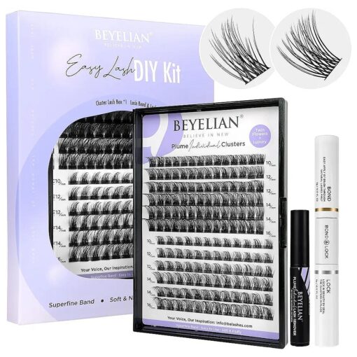 BEYELIAN Lash Extension Kit D Curl Cluster Lashes Kit with 156 Pcs Lash Clusters, Cluster Lashes Bond and Seal, Clusters Lash Glue Remover Easy to Apply at Home ( Style3+5 )