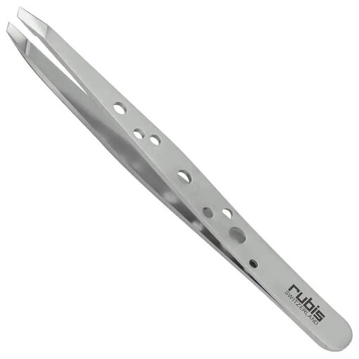 Rubis Hole Pattern Classic Stainless Steel Slanted Tweezers For Precise Eyebrows and Hair Removal, The Elegance Collection, 1K111, Silver, Rubis Switzerland Swiss Made World Renowned Precision