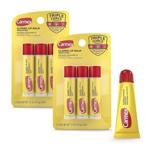 Carmex Medicated Lip Balm Sticks, Lip Moisturizer for Dry, Chapped Lips, 0.15oz, 3 Count ( 2 Packs ) plus 1 Count Carmex Lip Balm Tube, 0.35oz