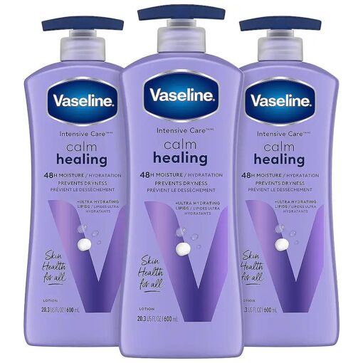 Vaseline Intensive Care Calm Healing Body Lotion 3 count for Dry Skin Made with Ultra-Hydrating Lipids and Lavender Extract to Heal and Restore Dry Skin 20.3 oz