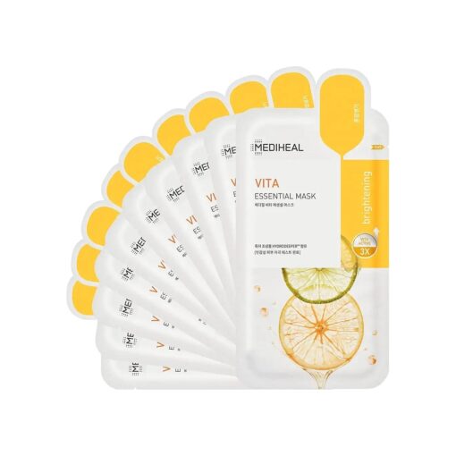 MEDIHEAL Best Korean Sheet Mask - Vita Essential Face Mask 10 Sheets Vitamin Mask For All skin types Smoothing Tightening Toning up Brightening