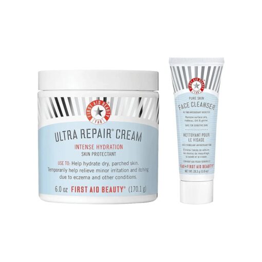 First Aid Beauty Bundle : Ultra Repair Cream Intense Hydration Moisturizer - 6 oz, - and Deluxe Mini Pure Skin Face Cleanser - 1 oz .