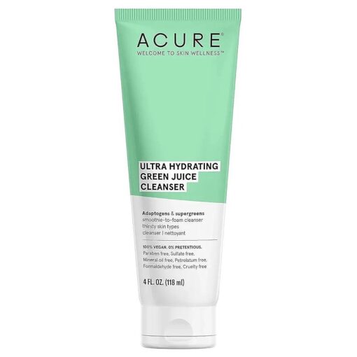 Acure Ultra Hydrating Green Juice Face Cleanser - Day & Night Facial Cleansing Foam, 4 fl oz