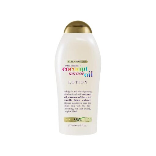 OGX Extra Creamy + Coconut Miracle Oil Ultra Moisture Body Lotion with Vanilla Bean, Fast-Absorbing Lotion for All Skin Types, Paraben-Free and Sulfated-Surfactants Free, 19.5 fl oz