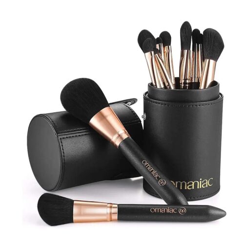 Makeup Brush Set Professional, 12 Pearlescent Wood Handle Makeup Brushes, Premium Cruelty-Free Synthetic Fiber Hair, Travel Make up Brushes Set with Case ( Black ) .