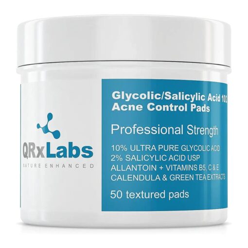 QRxLabs Glycolic/Salicylic Acid 10/2 Acne Control Pads with 10 % Ultra Pure Glycolic + 2 % Salicylic Acid, Allantoin, Vitamins B5, C & E, Calendula Green Tea - Most Effective Treatment Clear Skin