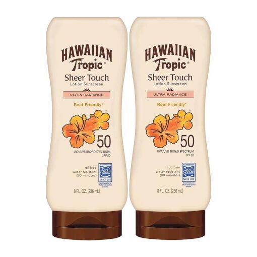 Hawaiian Tropic Sheer Touch Ultra Radiance Lotion Sunscreen SPF 50, 8oz Twin Pack | Hawaiian Tropic Sunscreen SPF 50, Sunblock, Oxybenzone Free Sunscreen, Body Sunscreen Pack, 8oz each