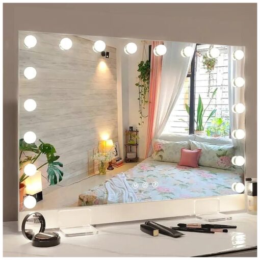 Ultra Thin Vanity Mirror with Selfie Stand, Extra Large Hollywood Makeup Mirror with Smart Touch Control, LED Light Bulb with Bluetooth Remote Control for Light Modes and Taking Selfies