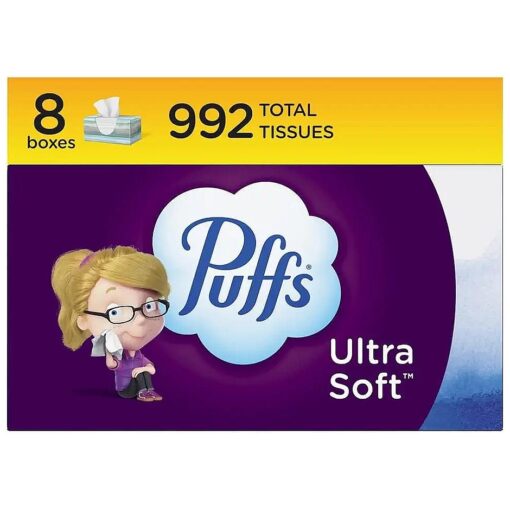 Puffs Ultra Soft Non-Lotion Facial Tissue, 8 Family Boxes, 124 Facial Tissues per Box