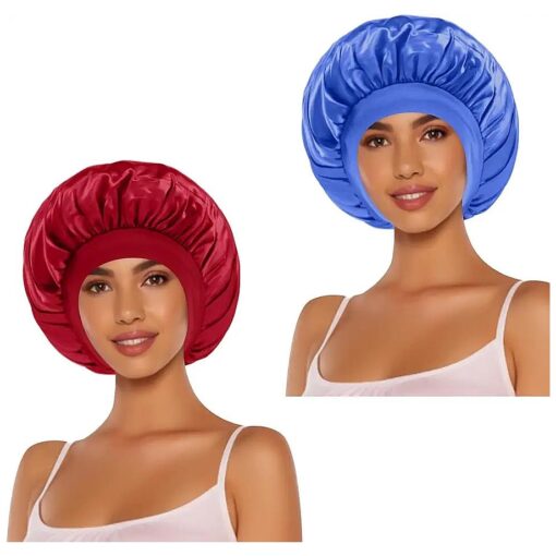 Silk Hair Bonnet Shower Cap for Sleeping ( Red Blue )