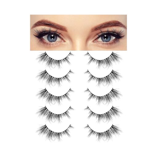 Cat Eye False Eyelashes Manga Lashes Natural Look 15mm Wispy Lashes with Extra Thin Band, Fluffy 3D Volume Fake Eyelashes, Anime Soft Lashes Pack Faux Mink False Eyelashes, 5 Pairs