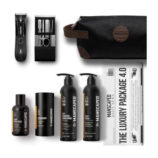 MANSCAPED ( r ) The Luxury Package 4.0 Includes : The Lawn Mower ( r ) 4.0 Electric Trimmer, The Shears 2.0 Nail Kit, Crop Preserver ( tm ), Deodorant, Body Wash, 2-IN-1 Shampoo & Conditioner, The Shed toiletry bag