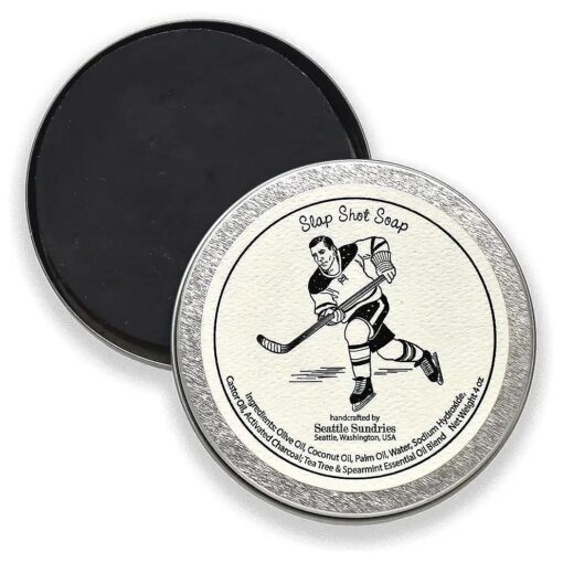 Slap Shot Hockey Puck Soap, Hockey Gift Idea 1 ( 4oz ) Bar of Odor Fighting Activated Charcoal Soap in a Retro Gift Tin, Natural and Handmade