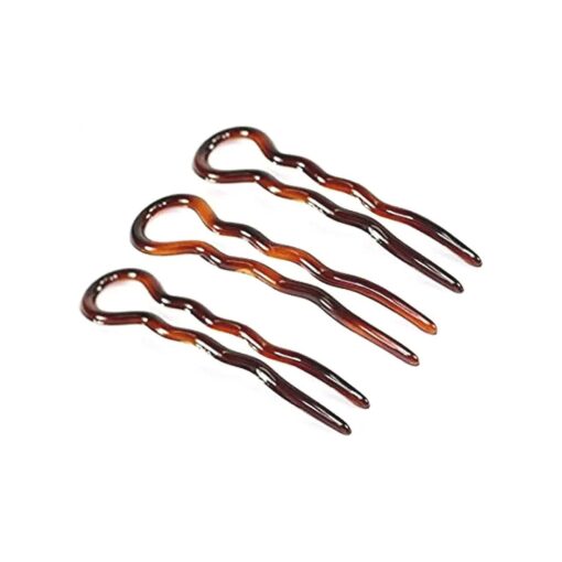 Parcelona French Sleek Brown Tortoise Shell Large 3 1/2" Celluloid Made in France Set of 3 Wavy Crink U Shaped Chignon Hair Pins Updo Bun Pin Sticks for Women and Girls