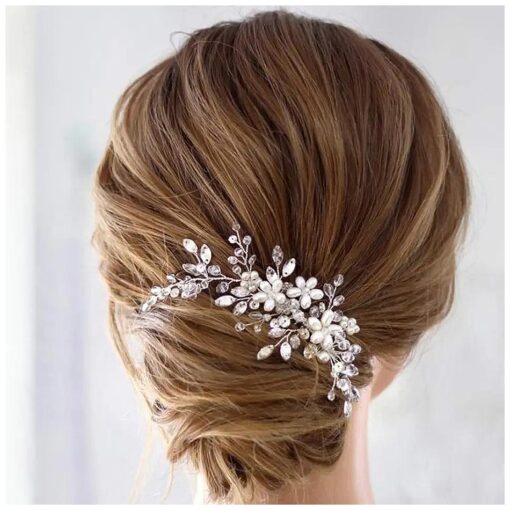 Unicra Bride Flower Wedding Hair Comb Crystal Bridal Silver Side Comb Pearl Hair Accessorie for Women and Girls ( A-Silver )