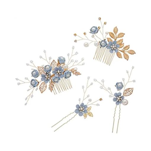 NUOBESTY 4Pcs Wedding Hair Clip Comb Handmade Bridal Hair Clip Pearl Floral Leaf Hair Accessories for Women Wedding ( Blue )