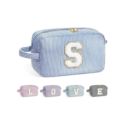 Birthday Gifts for Women - Personalized Gifts Idea for Her Mom Best Friend Sister Girlfriend Bridesmaid Teacher, Monogram Initial Blue Cute Makeup Bag Cosmetic Toiletry Pouch Make Up Case S