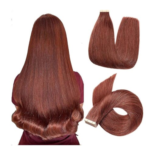 Human Hair Extensions Tape in Dark Auburn Tape in Hair Extensions Human Hair for White Women Copper Invisible Seamless Human Hair 10pcs 18 Inches Tape Ins Skin Weft ( 33 # ) 20g