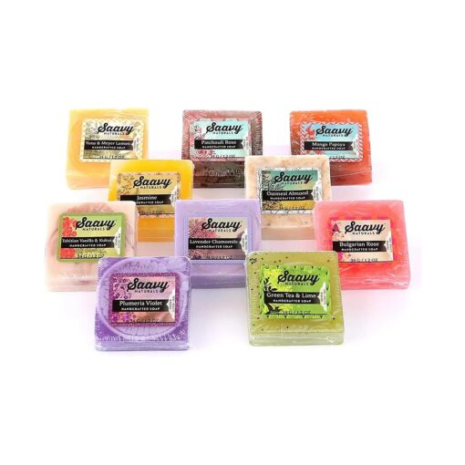 Saavy Naturals Gift Set - 10 Pack of Scented Vegan Soap Bars, 1.2 Oz Square Hand and Body Wash