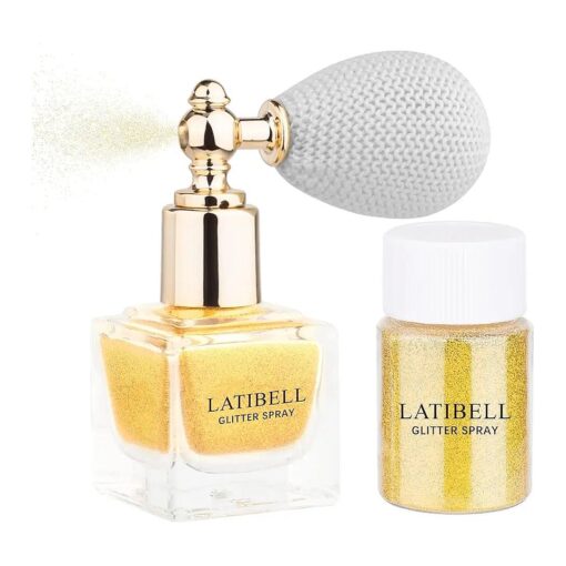 LATIBELL Body Glitter Spray, Gold Glitter Spray for Hair and Body, Glitter Body Spray Cosmetic Shimmer Makeup Glitter for Rave Hair Body Face Clothes Nail Art Craft Design - with 1 Jar of Refills