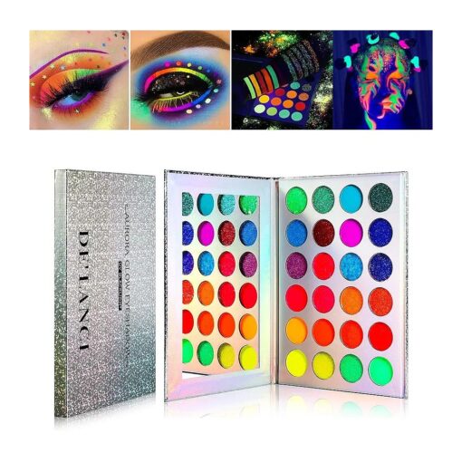 DE'LANCI Neon Eyeshadow Palette Glow in the Dark, Aurora Glow Eyeshadow Pallets Stage, Halloween Christmas Makeup Kit UV Blacklight Matte and Glitter Fluorescent Eye Shadows Highly Pigment