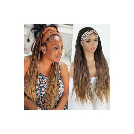 LEOSA Ombre Brown Braided Wigs Honey Blonde Headband Wig Long Crochet Braids Wig for Black Women Box Braid Crochet Hair with Headband Attached Synthetic Dark Brown Box Braids Headband Wig