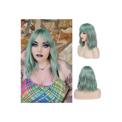 Colourful Short Bob Wigs with Bangs for Women Loose Wavy Wig Curly Wavy Shoulder Length Bob Synthetic Cosplay Wig for Girl Colored Costume Wigs Highlights Wigs Green Mix Pink Highlights