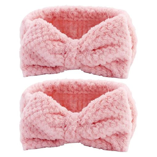 YISSION 2PCS Spa Headband with Bow No Slip Head Band for Face Wash Makeup Skincare Facial Headband Elastic Hair Band Microfiber Headbands for Women Girls ( Pink )